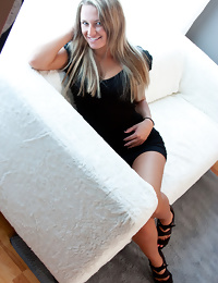 Kendra Rain in Black Dress White Couch